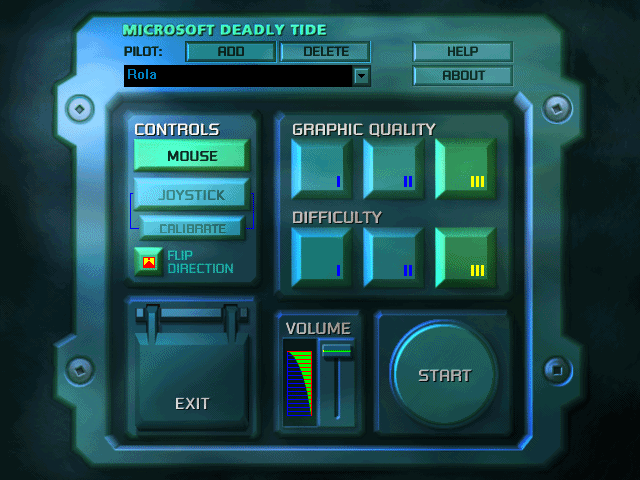 The Deadly Tide Disc 1-4 for Microsoft Windows PC features a retro game settings menu with options for controls, graphics, difficulty, and volume. It has buttons for pilot name entry, help, and game start. Shipped first-class in gently used discs within a classic paper sleeve.