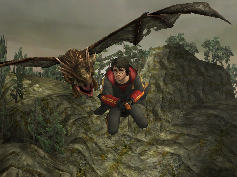 In a magical scene reminiscent of visions found in an old sleeve, a person in red and black flies on a broomstick as a dragon soars overhead. This fantasy aligns with the imagery brought to life by the Harry Potter And The Goblet Of Fire Microsoft Windows PC CD game.