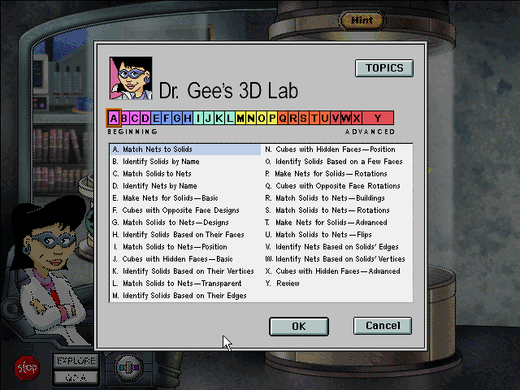 A vintage computer screen showcases the 3D Thinking Lab game for Windows PC, featuring solid visualization in math. A whimsical cartoon character appears in the bottom left corner.