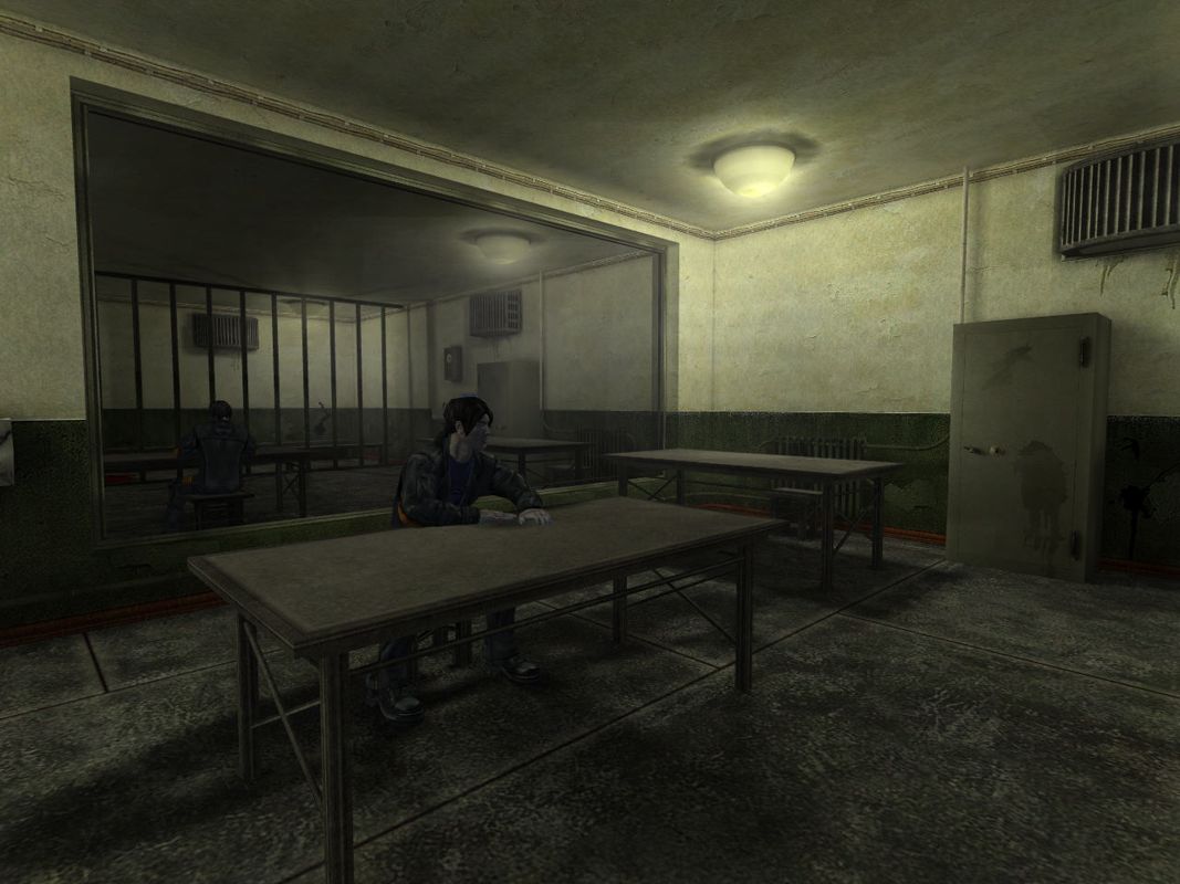 In a dimly lit room with bare walls, a person sits alone at a table surrounded by gently used books, while through a mirrored partition, another individual plays Hellforces on their Microsoft Windows PC.