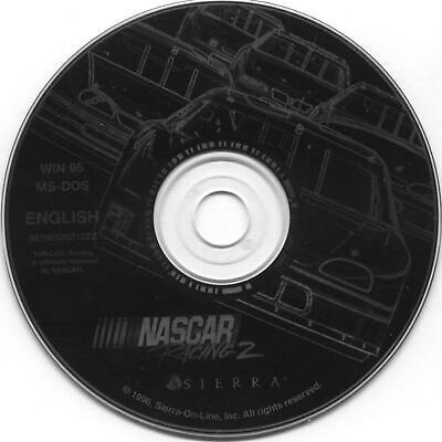 Black NASCAR Racing 2 CD in paper sleeve, with race car outline. For Windows 95 and MS-DOS in English, by Sierra. Product: NASCAR Racing 2 Microsoft Windows PC CD. Gently used, good condition, ideal for collectors and enthusiasts.