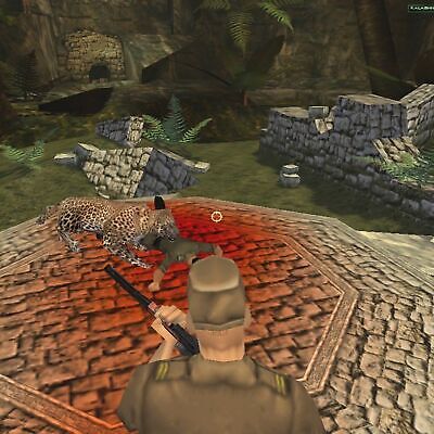 Amidst ancient ruins in a jungle setting, a character from Hitman Codename 47 2000 Microsoft Windows PC CD Eidos Io Interactive stealthily aims at an elusive leopard, offering tactical gaming with intense suspense.