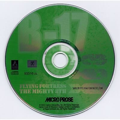 A gently used green CD titled B-17 Flying Fortress - The Mighty 8th (PN: 93516-DL) by MicroProse for Windows PC, in a paper sleeve, features logos for Compact Disc, joystick support, USB, and www.B17FlyingFortress.com.