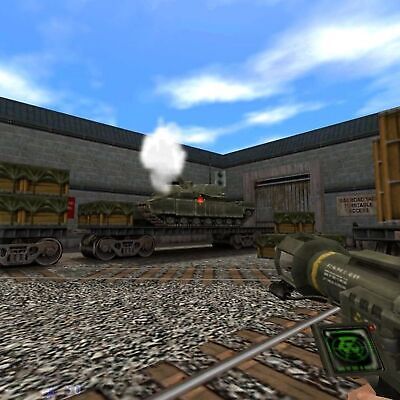 In a first-person perspective akin to Half-Life Blue Shift, you observe a tank on a train car in an industrial setting, with a rocket launcher prominently displayed in the foreground.