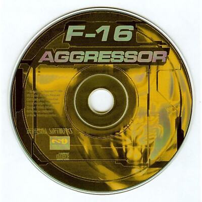 Gently used F-16 Aggressor Microsoft Windows PC CD with yellow/black design, text, and abstract graphics in a protective paper sleeve.