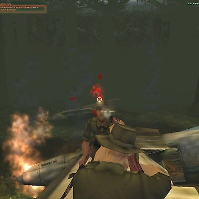 In Hitman Codename 47 for Windows PC (2000), a military-clad character stealthily shoots in a forest setting, reminiscent of third-person tactical gaming with a crashed plane and flickering flames.