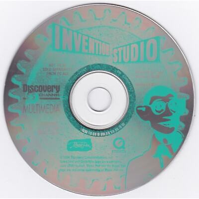 A gently used Invention Studio Microsoft Windows PC CD slides into a paper sleeve, featuring a cartoon and the Discovery Channel Multimedia logo.