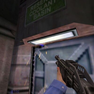 Near a metal door marked Reservoir Coolant Basin, a person carefully holds a rifle, eyes focused and determined. Sparks fly in the dim light, revealing glimpses of a gently used Half-Life Blue Shift 2001 Microsoft Windows PC CD Valve Gearbox paper sleeve tucked in their gear.