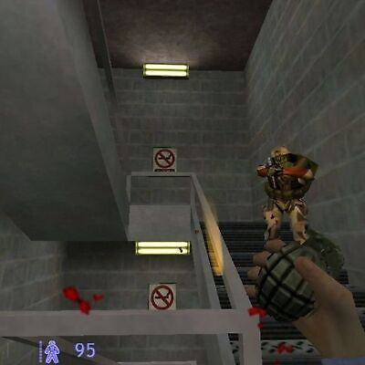 A screenshot from Half-Life Blue Shift shows a character with a grenade on stairs, while another targets with a weapon. No smoking signs on the walls resemble used stickers on an old CD, evoking nostalgia amidst the chaos.