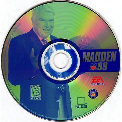 A vibrant, gently used CD of Madden NFL 99 for Windows PC comes in a paper sleeve featuring cover art with a suited figure, the EA Sports logo, and an E for Everyone rating.