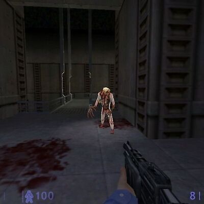 A player, viewed in first-person, wields a weapon facing a humanoid on a dark industrial walkway with blood-stained floors, evoking an eerie feel like the Half-Life Blue Shift 2001 CD disc cover found in its gently used paper sleeve.