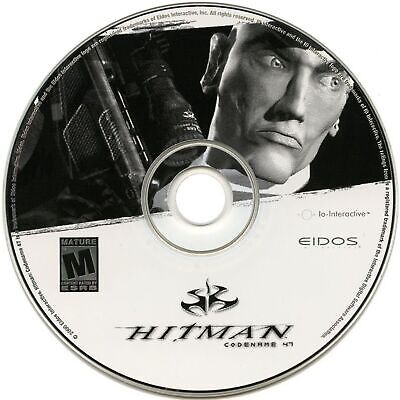 Experience Hitman Codename 47 on PC, featuring the iconic character with a barcode on his head. Enjoy a stealth and tactical gaming adventure. Includes Eidos and Io Interactive logos. Rated M for Mature.