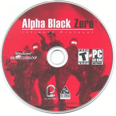 Gently used CD disc titled Alpha Black Zero Intrepid Protocol for Windows 98/ME/2000/XP, housed in a sleek paper sleeve. Rated Teen by ESRB, it features armed figures and prominently displays Playlogic and The Synergy logos.