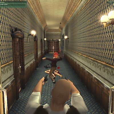 In a scene reminiscent of Hitman Codename 47, the bald protagonist expertly aims in a narrow hallway of this tactical third-person shooter, as two figures ahead seem to be in motion or falling, highlighting the games stealth and strategy elements.