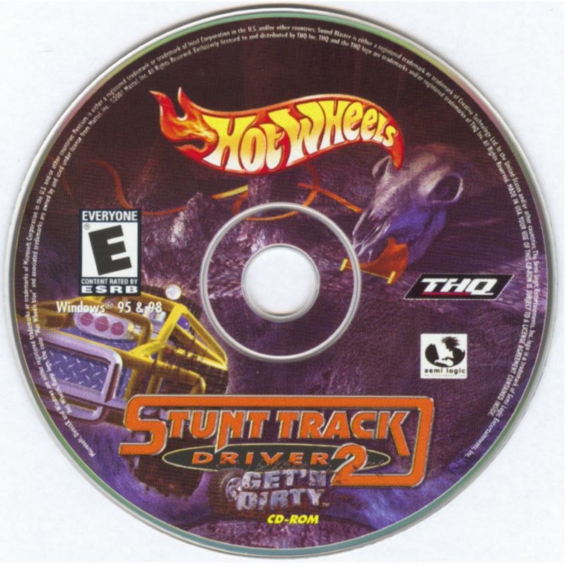 CD of 2000 Hot Wheels: Stunt Track Driver 2 - GET N DIRTY comes in a protective paper sleeve with colorful vehicle graphics and game logos. Rated E for everyone, it works on Windows 95 and 98 PCs. Includes USPS First Class shipping.