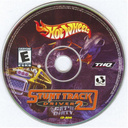 CD of 2000 Hot Wheels: Stunt Track Driver 2 - GET N DIRTY comes in a protective paper sleeve with colorful vehicle graphics and game logos. Rated E for everyone, it works on Windows 95 and 98 PCs. Includes USPS First Class shipping.