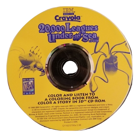 The 20,000 Leagues Under the Sea (IBM and Crayolas 3D Coloring) Microsoft Windows PC CD, with a vibrant yellow cover featuring a sea creature illustration, is quality tested. It includes text on coloring and storytelling to inspire imagination and creativity before shipping.