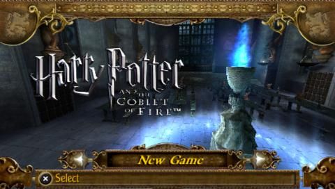 The title screen of Harry Potter And The Goblet Of Fire Microsoft Windows PC CD shows a grand goblet with blue flames in a dim hall, with the New Game option highlighted, inviting you to embark on an adventure from your gently used disc.