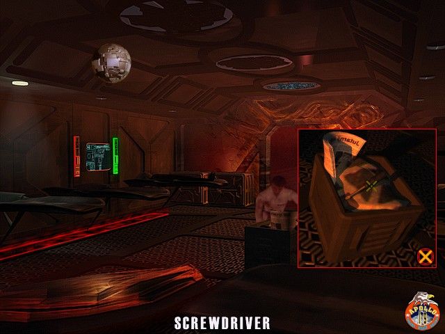 In a dimly lit futuristic room, a crate holds a screwdriver, a note, and The Ward Microsoft Windows PC CD. A glowing red and green panel hints at hidden sci-fi adventure secrets on the wall.