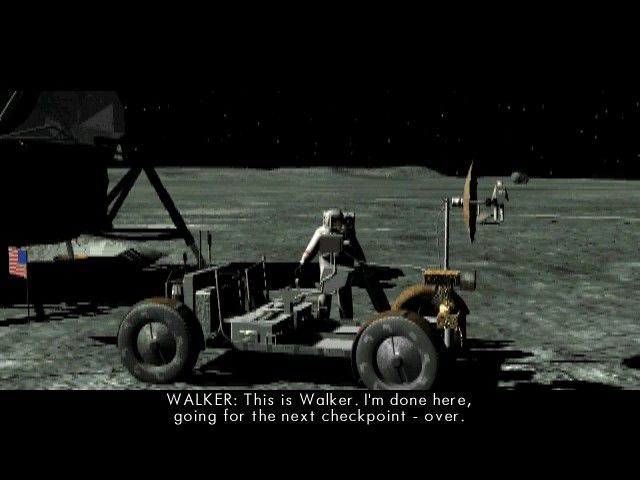 An astronaut navigates a lunar rover on the moon, spacecraft visible in the distance, while subtle seismic activities occur. Caption: WALKER: This is Walker. Im done here, heading for the next checkpoint - over. Product Name featured: The Ward Microsoft Windows PC CD.