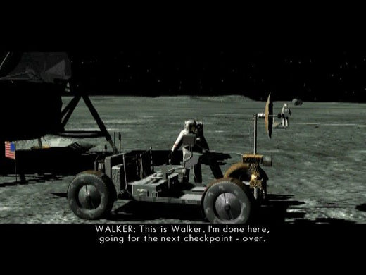 An astronaut navigates a lunar rover on the moon, spacecraft visible in the distance, while subtle seismic activities occur. Caption: WALKER: This is Walker. Im done here, heading for the next checkpoint - over. Product Name featured: The Ward Microsoft Windows PC CD.