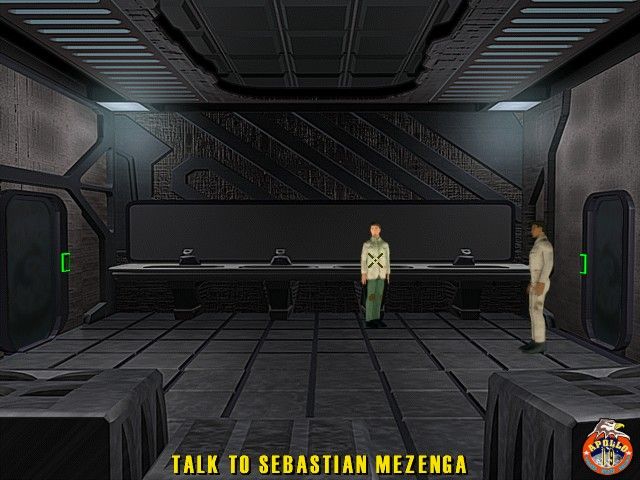 In a futuristic room, two figures stand by a console, engrossed in their sci-fi adventure. Text reads TALK TO SEBASTIAN MEZENGA as they monitor lunar seismic activities on The Ward Microsoft Windows PC CDs holographic display.