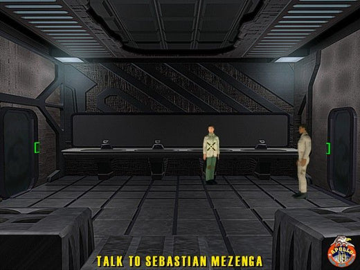 In a futuristic room, two figures stand by a console, engrossed in their sci-fi adventure. Text reads TALK TO SEBASTIAN MEZENGA as they monitor lunar seismic activities on The Ward Microsoft Windows PC CDs holographic display.