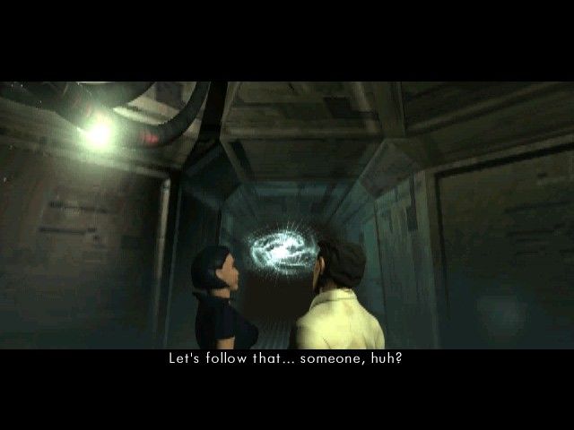 Two characters stand in a dim, sci-fi corridor facing a glowing light. Subtitles read, Lets follow that... someone, huh? Their adventure in The Ward Microsoft Windows PC CD is about to get more intriguing than deciphering lunar seismic activities.