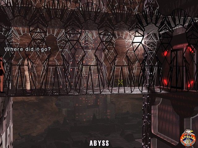 A dimly lit, futuristic corridor with geometric patterns evokes a sci-fi adventure. Text reads, Where did it go? The word ABYSS appears at the bottom, hinting at The Ward Microsoft Windows PC CD, lost to the void.