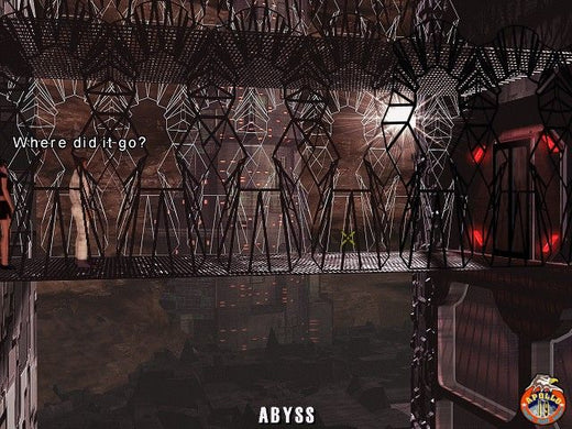 A dimly lit, futuristic corridor with geometric patterns evokes a sci-fi adventure. Text reads, Where did it go? The word ABYSS appears at the bottom, hinting at The Ward Microsoft Windows PC CD, lost to the void.