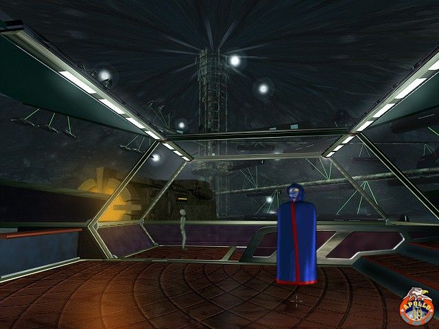 In a futuristic room with large windows, a figure cloaked in blue and red gazes toward a distant structure under the starry sky, evoking sci-fi adventure. Its reminiscent of The Ward Microsoft Windows PC CD, where lunar seismic activities echo through the void.