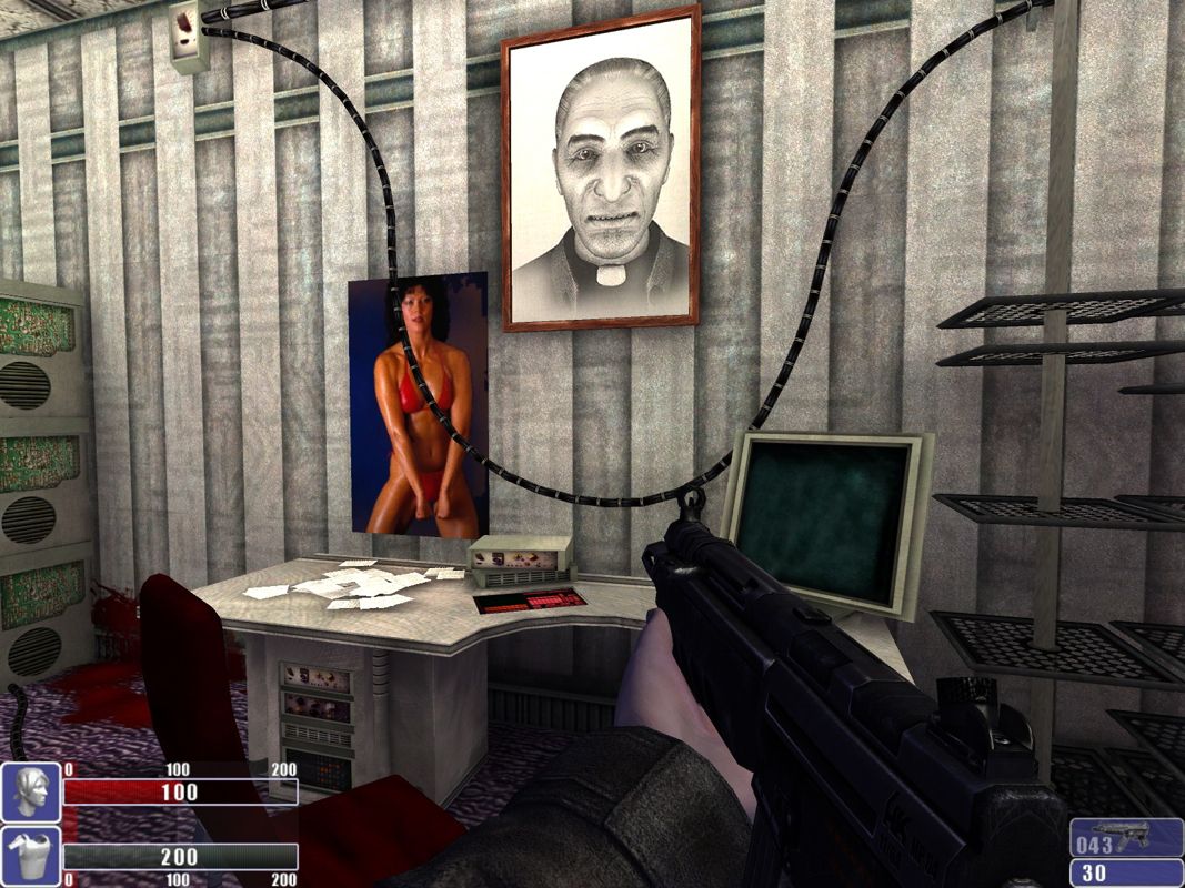 A video game screenshot shows a player holding a gun in a dimly lit room. In the shadows, a womans portrait and poster adorn the walls. Various papers and a gently used Hellforces Microsoft Windows PC CD in its paper sleeve are scattered across the desk.