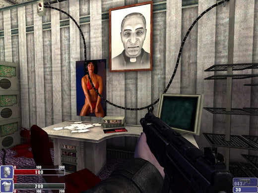 A video game screenshot shows a player holding a gun in a dimly lit room. In the shadows, a womans portrait and poster adorn the walls. Various papers and a gently used Hellforces Microsoft Windows PC CD in its paper sleeve are scattered across the desk.