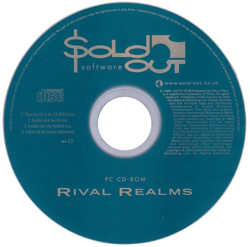 Pre-owned RIVAL REALMS Microsoft Windows PC CD in a blue paper sleeve by Sold Out Software, includes basic installation instructions.