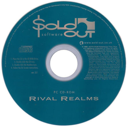 Pre-owned RIVAL REALMS Microsoft Windows PC CD in a blue paper sleeve by Sold Out Software, includes basic installation instructions.