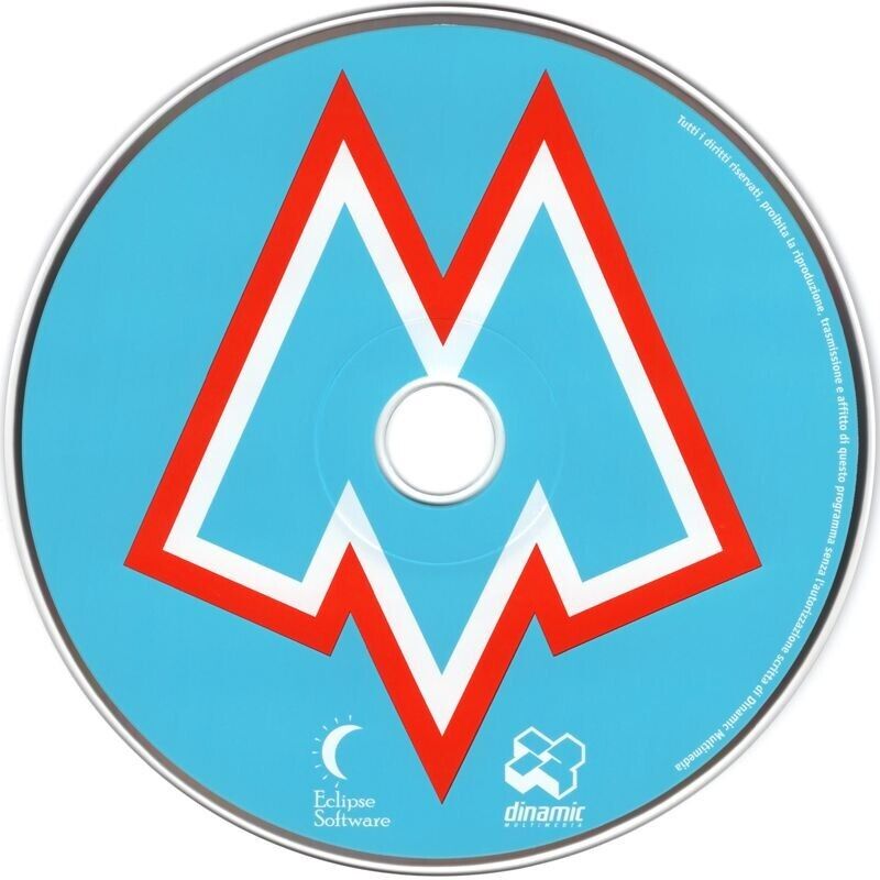 A used CD titled M Alien Paranoia for Microsoft Windows is in a paper sleeve, featuring a large red and white angular M on a light blue background. Eclipse Software and Dinamic logos at the bottom indicate its creators.