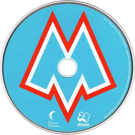 A used CD titled M Alien Paranoia for Microsoft Windows is in a paper sleeve, featuring a large red and white angular M on a light blue background. Eclipse Software and Dinamic logos at the bottom indicate its creators.