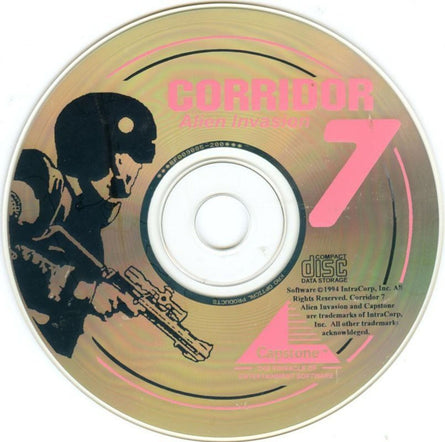The Corridor 7: Alien Invasion Microsoft Windows PC CD comes in a gently used paper sleeve with artwork of an armed soldier. Manufacturer details and copyright info are on the disc.