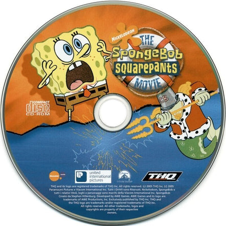 Gently used SpongeBob SquarePants The Movie PC CD, featuring SpongeBob and Plankton on a vibrant orange cover. The disc includes Nickelodeon and THQ logos, legal text, and is housed in a paper sleeve.
