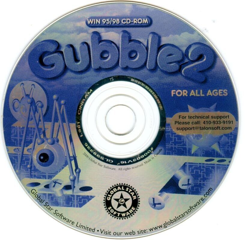 Gently used GUBBLE 2 CD-ROM for Windows 95/98, featuring vibrant graphics on the disc, by Global Star Software. Includes essential support contacts and comes neatly in a paper sleeve.