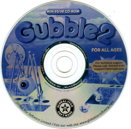 Gently used GUBBLE 2 CD-ROM for Windows 95/98, featuring vibrant graphics on the disc, by Global Star Software. Includes essential support contacts and comes neatly in a paper sleeve.