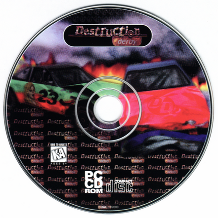 A gently used CD labeled Destruction Derby Microsoft Windows PC CD features a dramatic image of two cars colliding. Its enclosed in a paper sleeve, has a K-A rating, and is compatible with PC CD-ROMs.