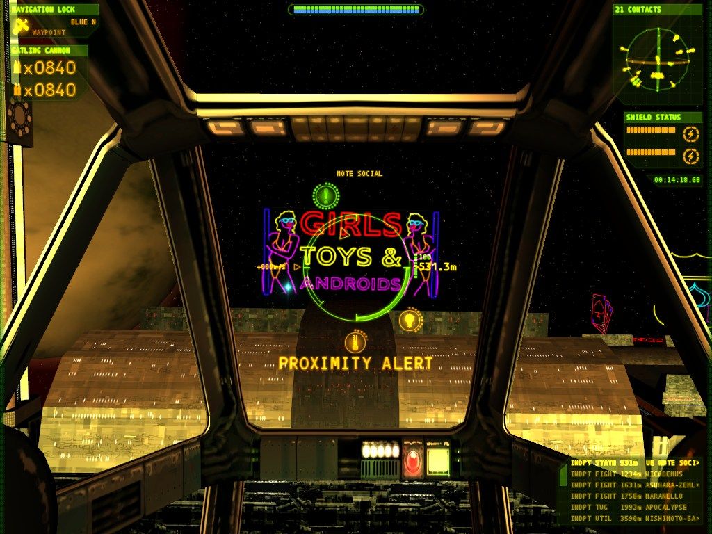 Amidst the futuristic spaceship cockpit, a neon sign flashes GIRLS TOYS & ANDROIDS, along with a PROXIMITY ALERT and a USPS tracking number, sparking curiosity about its interstellar delivery. This drama unfolds in the game Independence War 2 Edge Of Chaos for Microsoft Windows PC.