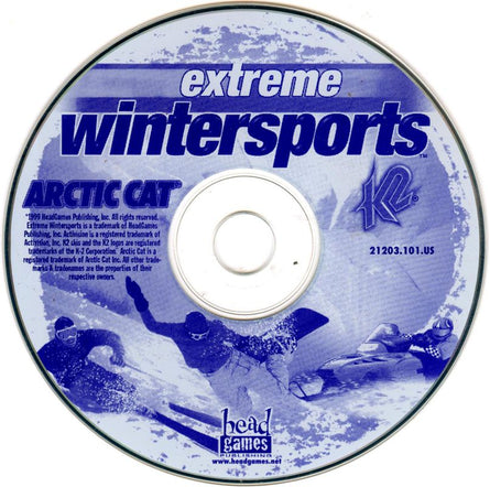 The CD, Extreme Wintersports for Microsoft Windows PC, features skiers and snowmobilers on its paper sleeve. Its perfect for collectors of used discs and displays logos for Head Games and K2 Interactive with copyright info, ready to ship via USPS.