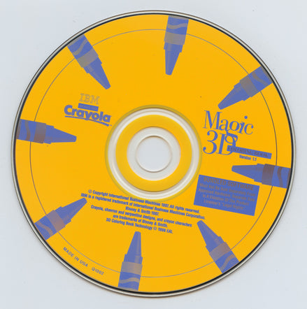 Yellow compact disc labeled Magic 3D Coloring Book, featuring the Crayola logo and pen illustrations, neatly enclosed in a paper sleeve. Perfectly sized for USPS First Class shipping.