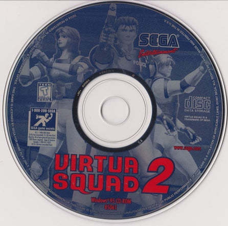 Virtua Cop/Squad 2 CD for Microsoft Windows, gently used and housed in a paper sleeve. Showcasing armed police characters, it features Sega branding and game details to bring you back to classic gaming adventures.