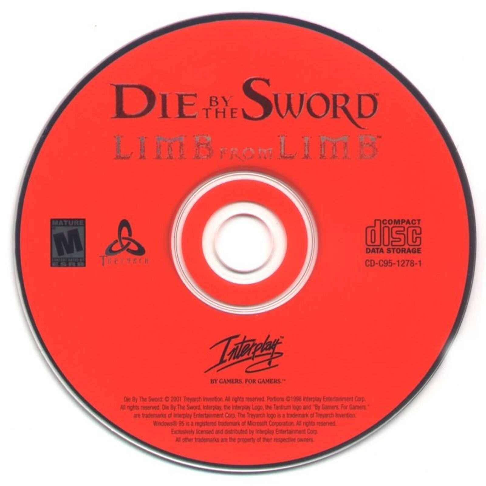 A red Die by the Sword - Limb from Limb CD for Microsoft Windows, rated Mature, showcases Interplay and Teeny Weeny Games logos. Housed in a paper sleeve with black text, this used disc offers classic adventure and swift delivery with first-class shipping.