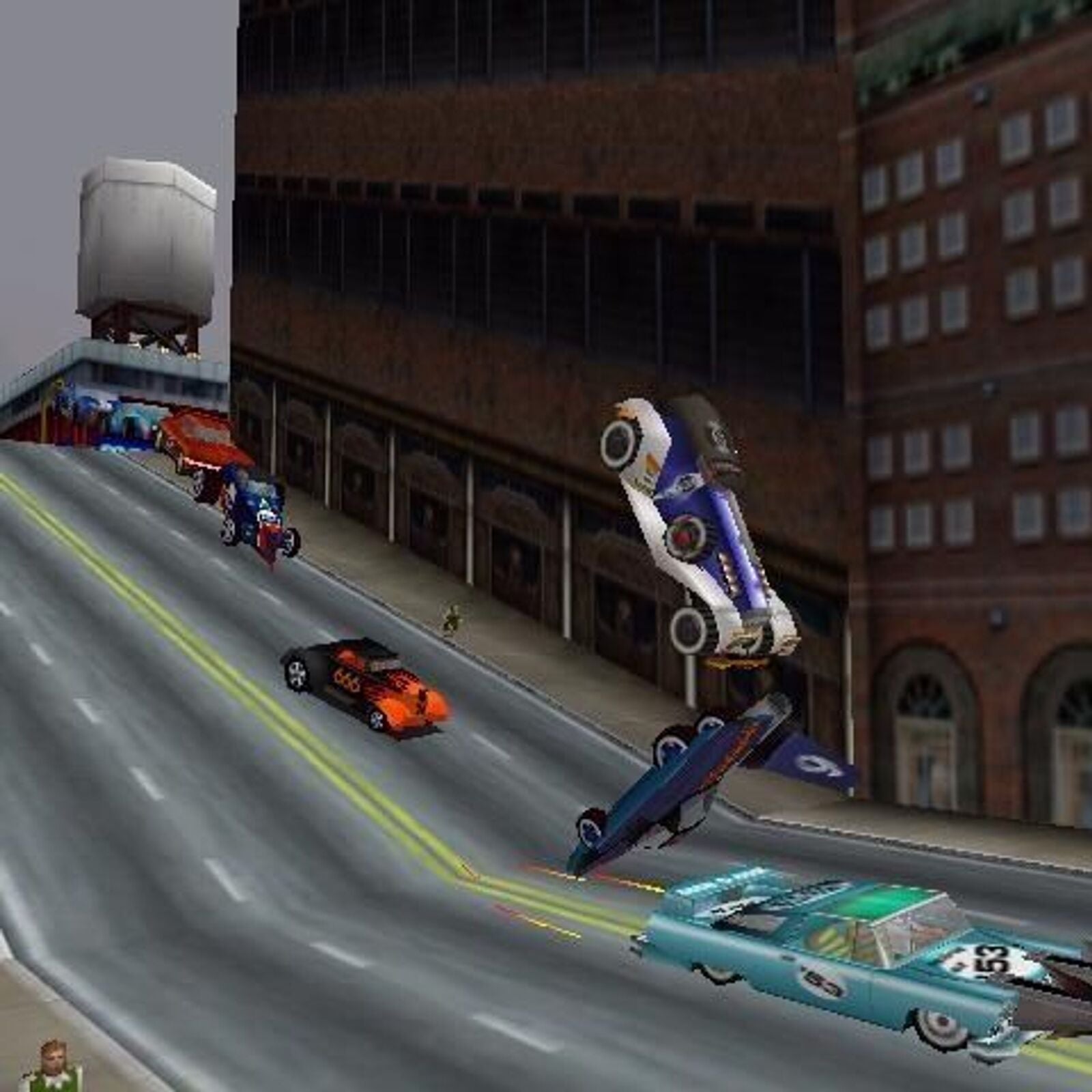 In a scene worthy of Carmageddon 2: Carpocalypse Now, cars collide in a chaotic frenzy on the steep city street reminiscent of Deathrace 2000.