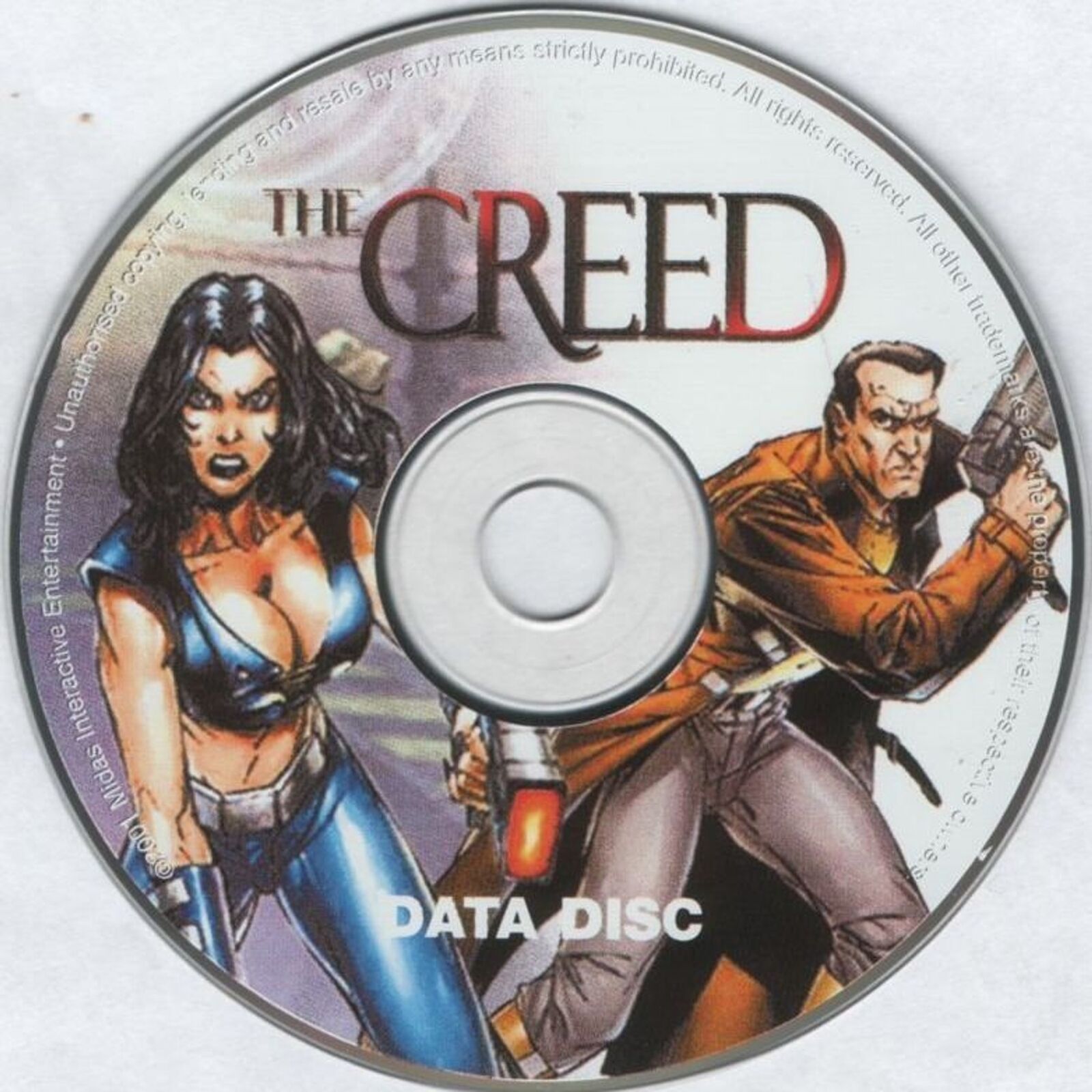 The gently used CD The Creed for Microsoft Windows PC features a woman in blue and a man in a brown jacket, both armed, against an industrial backdrop. Packaged in a simple paper sleeve, it captures their gritty world.