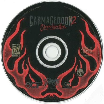 The Carmageddon 2: Carpocalypse Now game disc showcases a fiery design, featuring chaotic futuristic races with monster trucks. It has a Mature rating and includes the logos for SCi Games, Stainless Games, and Windows 95/98.
